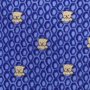 100% REAL HERMES TIE ~ LIGHT BLUE w FUN TAN TEDDY BEARS PLAYING IN HONEYCOMB XL